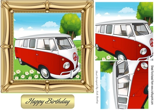 Red Campervan in the meadows in ornate 7x7 frame with pyramids