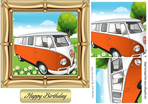 Orange Campervan in the meadows in ornate 7x7 frame with pyramids