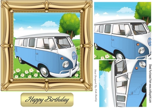 L/Blue Campervan in the meadows in ornate 7x7 frame with pyramids