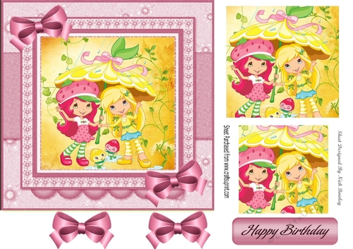 strawberry girl with her friend pyramids in 7x7 frame with pink bows