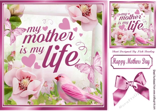 MY MOTHER IS MY LIFE! Mum with pink flowers and butterflies 8x8