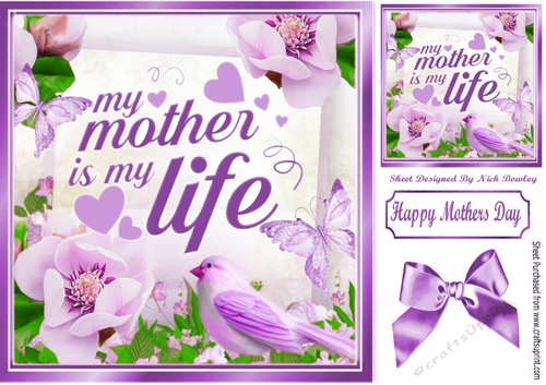 MY MOTHER IS MY LIFE! Mum with purple flowers and butterflies 8x8