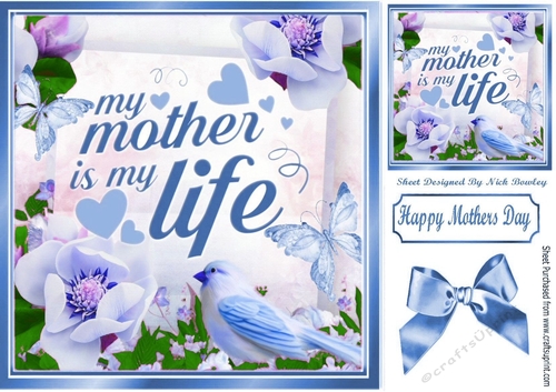 MY MOTHER IS MY LIFE! Mum with blue flowers and butterflies 8x8