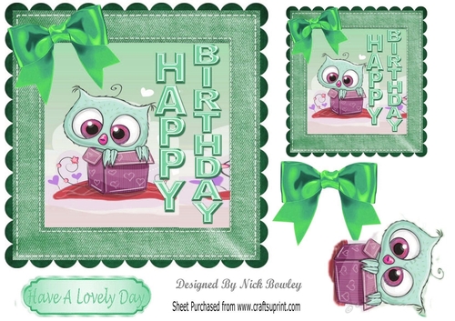  cute little owl in a cardboard box with green bow 7x7