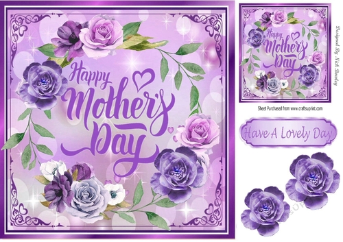 Pretty ring of purple flowers for mum card front 8x8