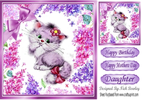 Cute Kitten in frame of flowers with lilac bow 8x8