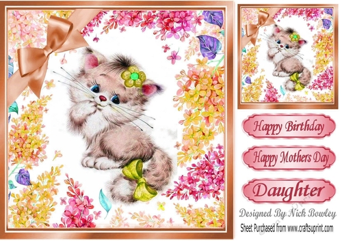 Cute Kitten in frame of flowers with peach bow 8x8