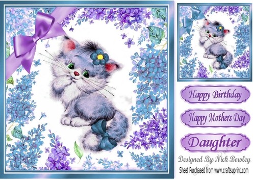 Cute Kitten in frame of flowers with purple bow 8x8
