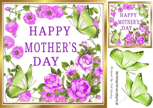 Lovely pink roses with butterflies card front for mum 8x8