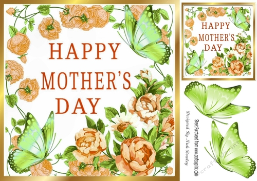 Lovely peach roses with butterflies card front for mum 8x8