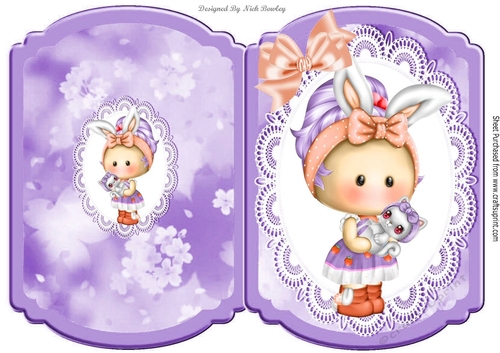 Cute little Pummy Doll in purple/peach with bow bracket card