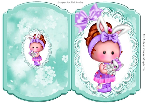 Cute little Pummy Doll with purple bow bracket card