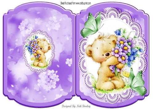  Cute teddy with flowers on lace with butterflies bracket card