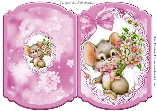 Cute mouse with flowers on lace with butterflies bracket card