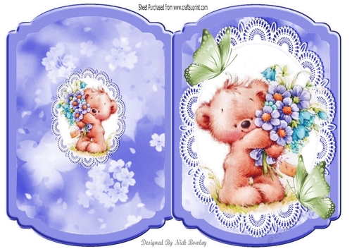 Cute teddy with blue flowers on lace with butterflies bracket card