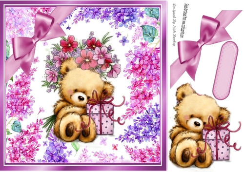 Cute teddy with gift and flowers in flower 8x8 frame