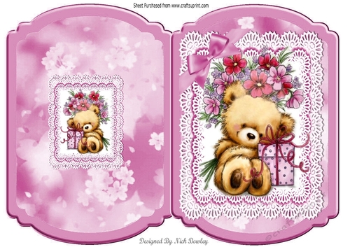 Cute teddy with gift and flowers in flower bracket card
