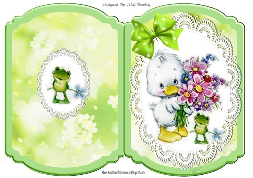 Cute little duck with flowers on lace with bow bracket card