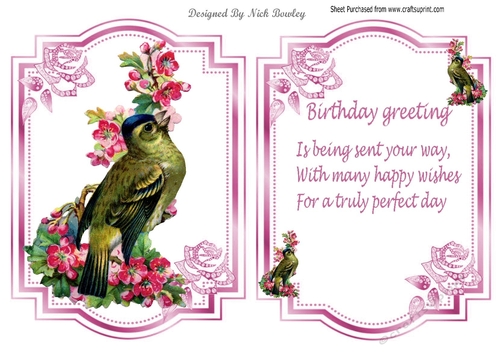 Pretty bird with flowers and jewel roses card front and insert A5