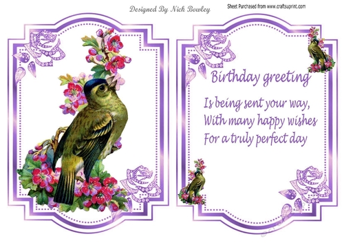Pretty bird with flowers and purple jewel roses card front and insert A5