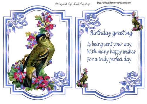 Pretty bird with flowers and blue jewel roses card front and insert A5