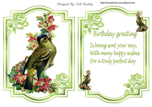Pretty bird with flowers and green jewel roses card front and insert A5