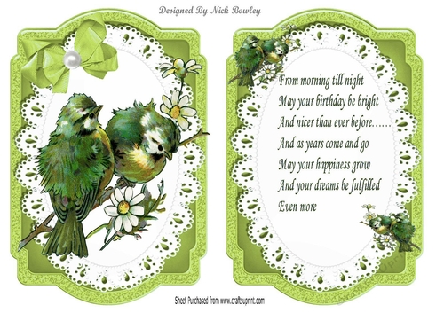 Pretty birds on a branch with green bow on lace, card front and insert