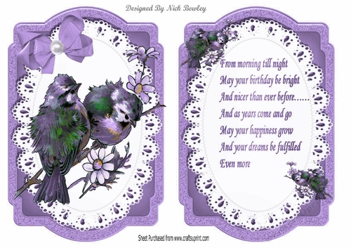 Pretty birds on a branch with purple bow on lace, card front and insert