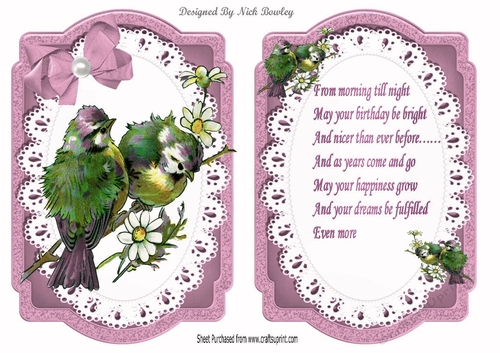Pretty birds on a branch with pink bow on lace, card front and insert