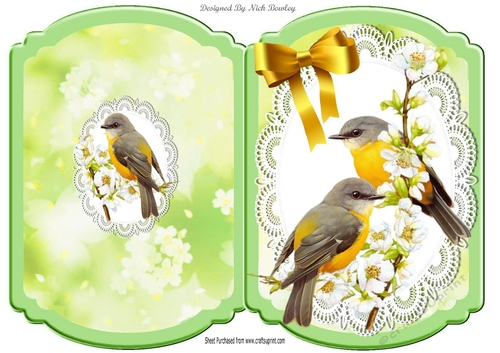 pretty yellow birds on a branch with lace bracket card