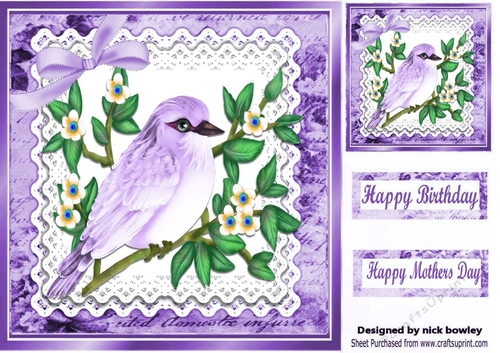 Pretty purple bird on a branch with lace script 8x8 frame