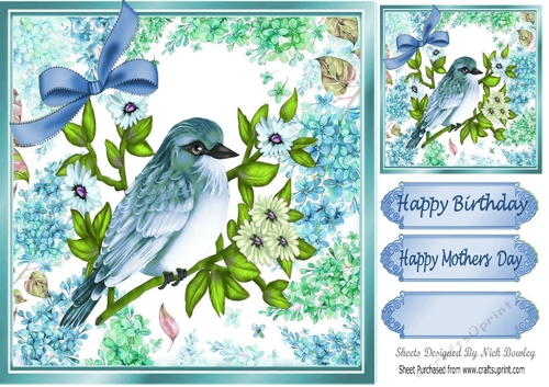 Pretty blue bird in floral frame with corner bow 8x8