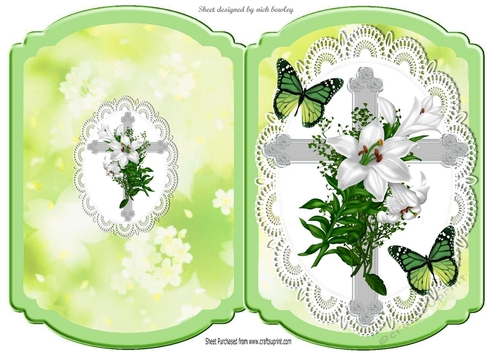 Silver Easter cross in green and lace bracket card with butterflies