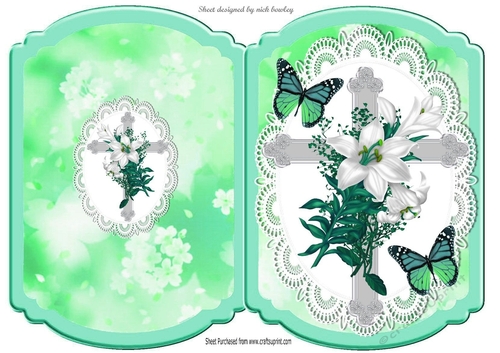 Silver Easter cross in Turq and lace bracket card with butterflies