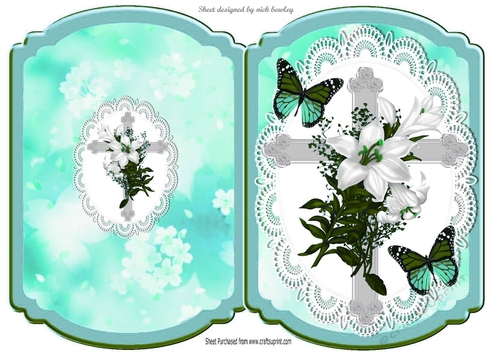 Silver Easter cross in blue and lace bracket card with butterflies