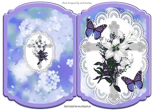 Silver Easter cross in blue/purple and lace bracket card with butterflies