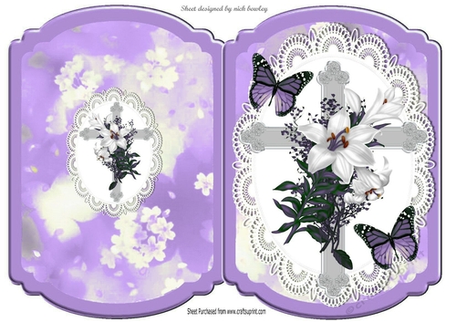 Silver Easter cross in lilac and lace bracket card with butterflies