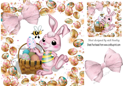 Cute pink easter bunny with basket of eggs 8x8