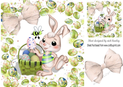 Cute pink easter bunny with basket of eggs (green) 8x8