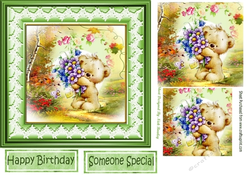 Cute teddy in the woods carrying flowers pyramids 7x7