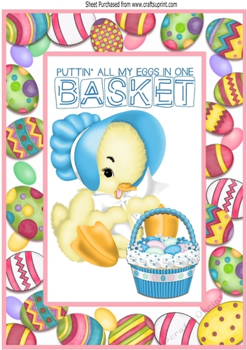 Easter Duckling in blue bonnet with basket of eggs in A4 Frame