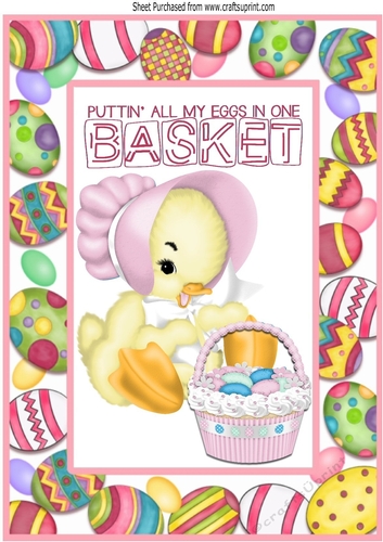 Easter Duckling in pink bonnet with basket of eggs in A4 Frame