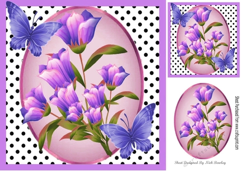 Pretty  purple vibrant flowers with butterflies and polkadot 8x8