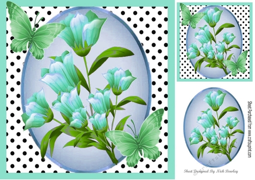 Pretty vibrant flowers with green butterflies and polkadot 8x8