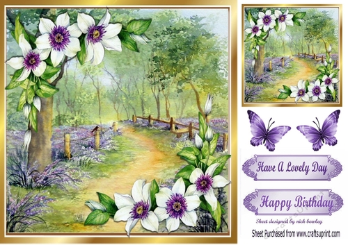 Pretty purple corner flowers with woodland and butterflies 8x8