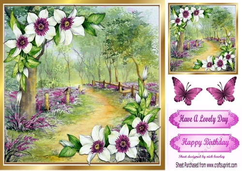 Pretty pink corner flowers with woodland and butterflies 8x8