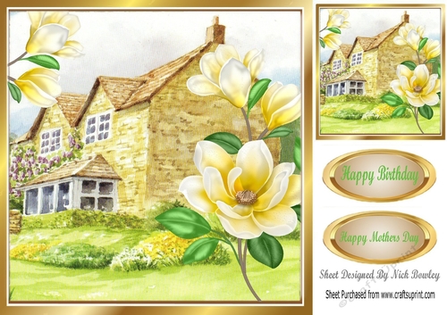 Pretty cottage with yellow magnolias 8x8