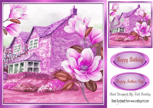Pretty cottage with purple magnolias 8x8