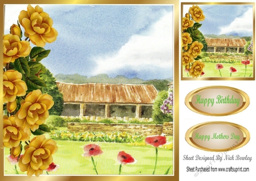 Pretty painting of a countryside barn with gold flowers 8x8 