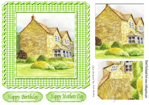 Pretty cottage in green gingham 7x7 frame with pyramids
